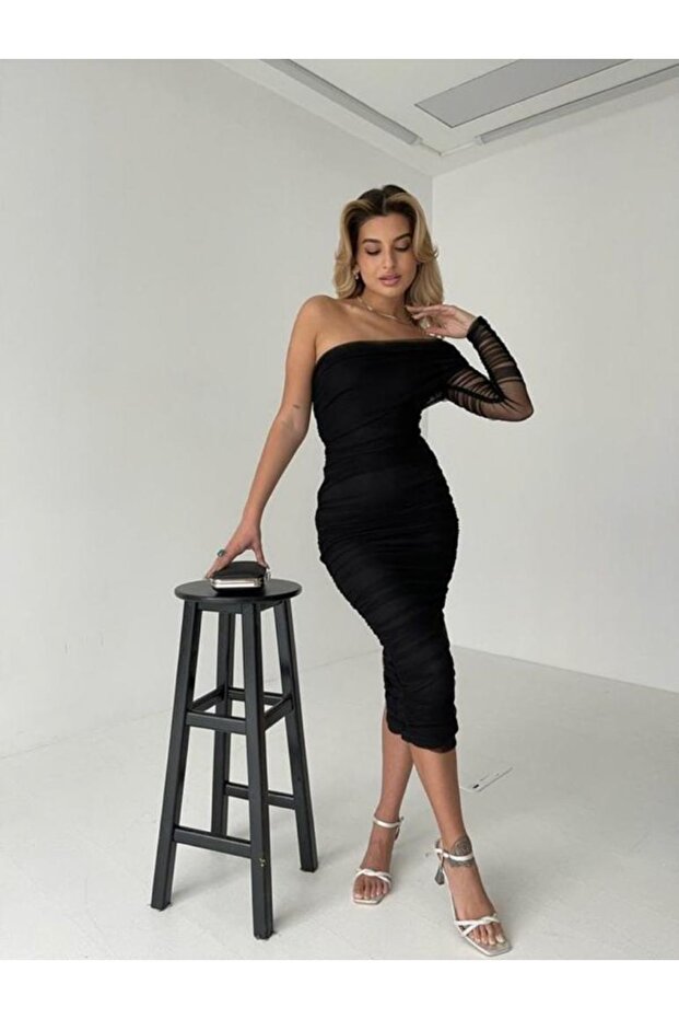 Tek Omuz Tül Drapeli Elbise - 3