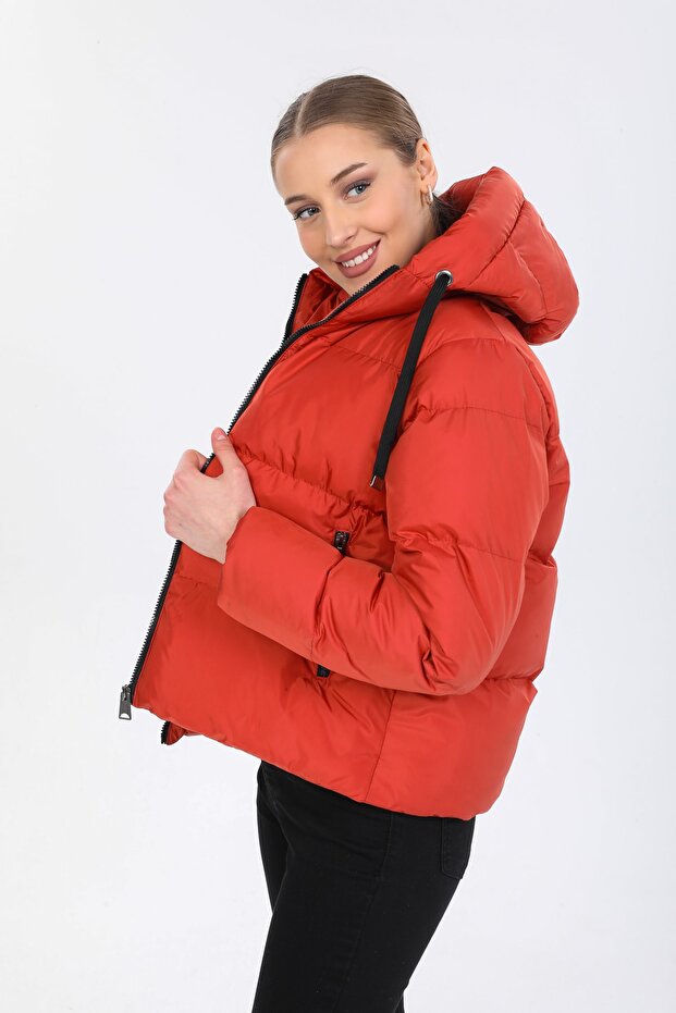 Kadın Kiremit Kapüşonlu Şişme Mont - 11