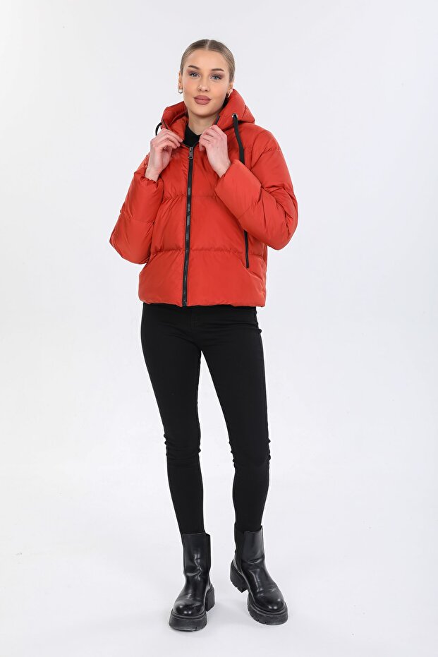 Kadın Kiremit Kapüşonlu Şişme Mont - 14