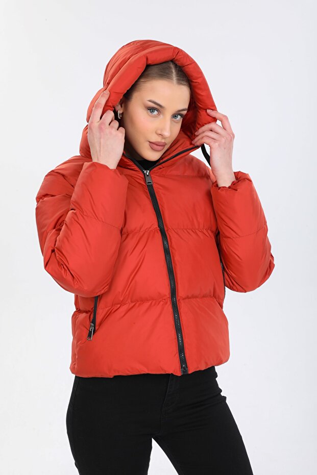 Kadın Kiremit Kapüşonlu Şişme Mont - 5