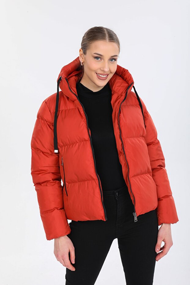 Kadın Kiremit Kapüşonlu Şişme Mont - 6