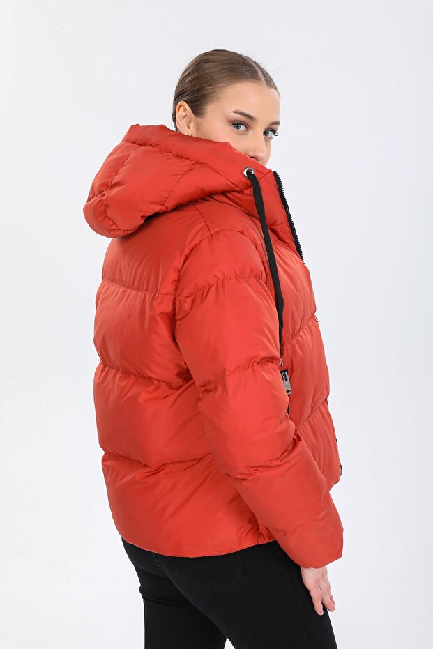 Kadın Kiremit Kapüşonlu Şişme Mont - 7