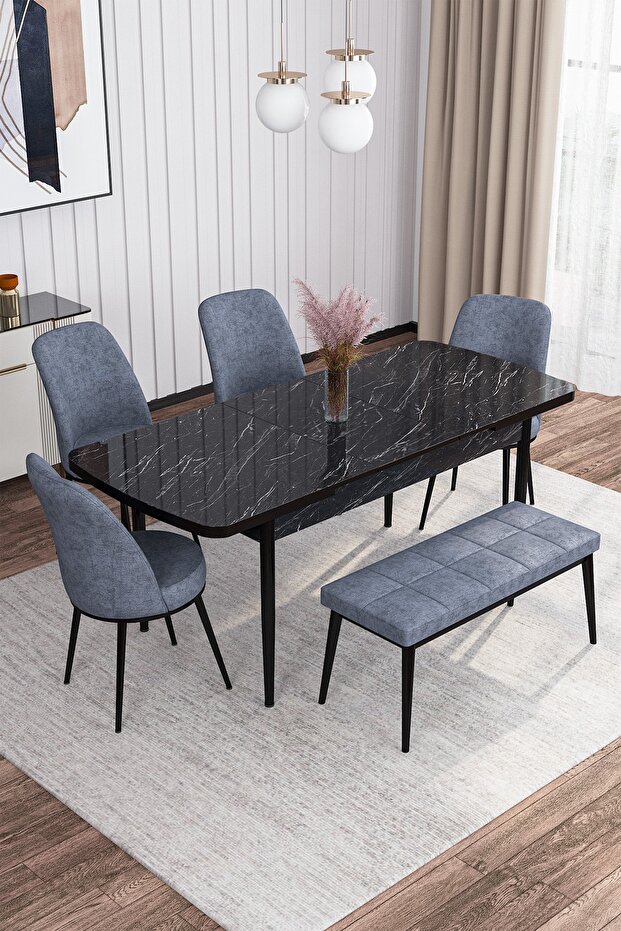 Leona Siyah Mermer Desen 80x132 Mdf Açılabilir Mutfak Masası Takımı 4 Sandalye, 1 Bench - 2