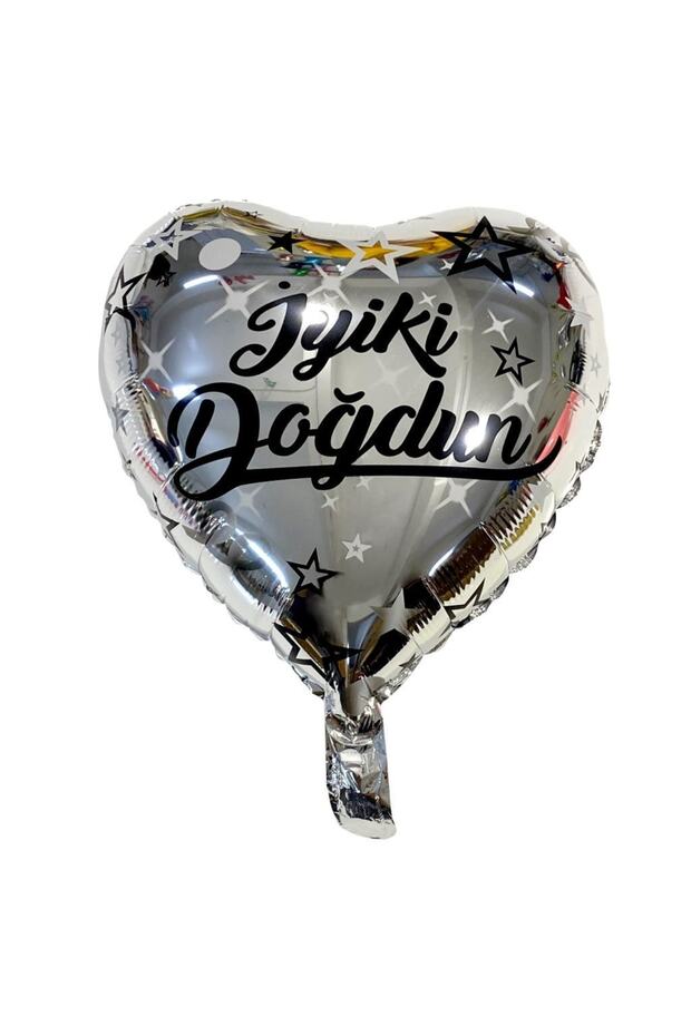 Balloon Heart Shaped Happy Birthday Written Foil Balloon Silver Color