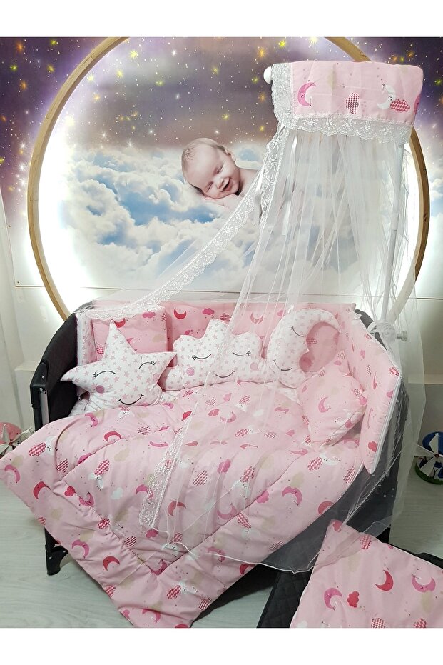 70x110 Baby Sleeping Set with Mosquito Net and Moon Pattern 12 Pieces Compatible with Park Cribs (crib Not Included)