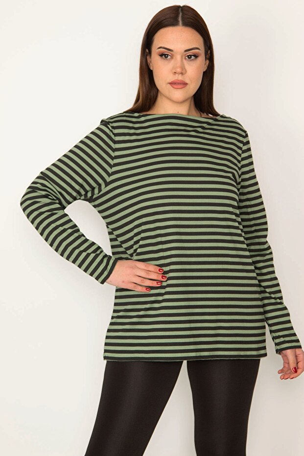Women's Large Size Green Crew Neck Long Sleeve Striped Blouse 65n32228
