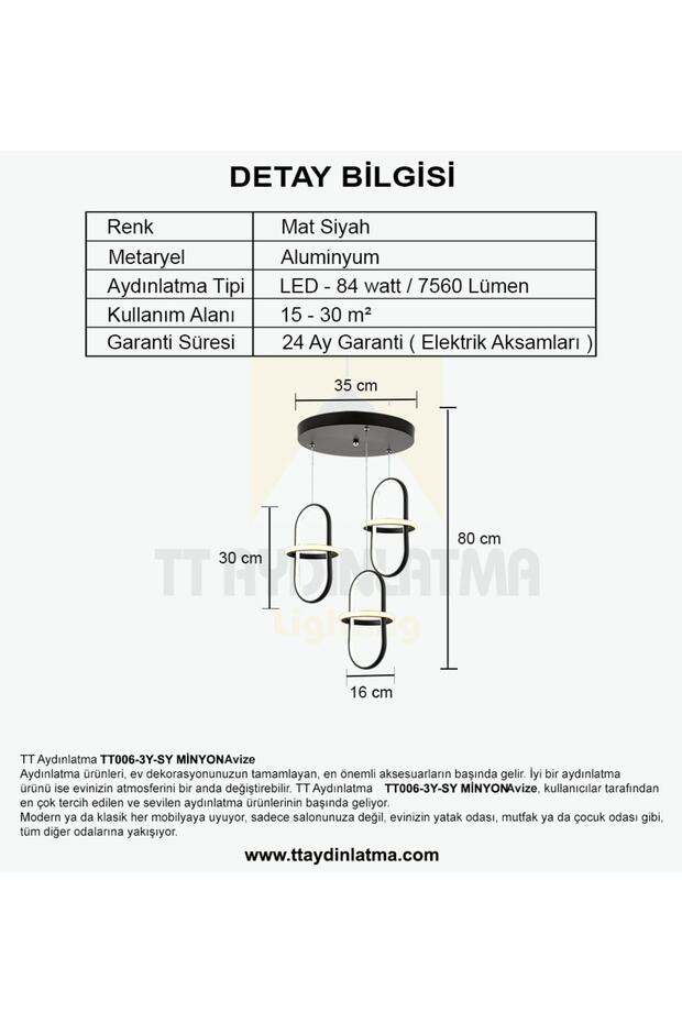 Tt006-3y-sy Minyon Modeli ( Gün Işığı Led ) 3 Lü Mat Siyah Yuvarlak Led Avize - 3