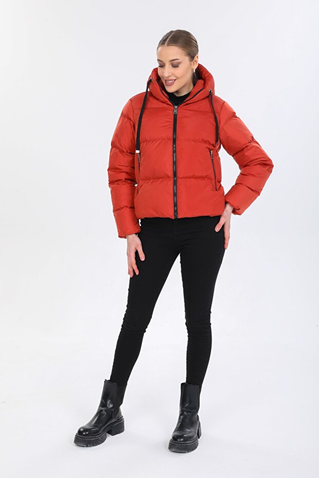 Kadın Kiremit Kapüşonlu Şişme Mont - 10