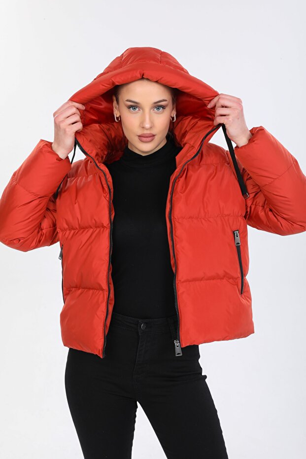 Kadın Kiremit Kapüşonlu Şişme Mont - 12