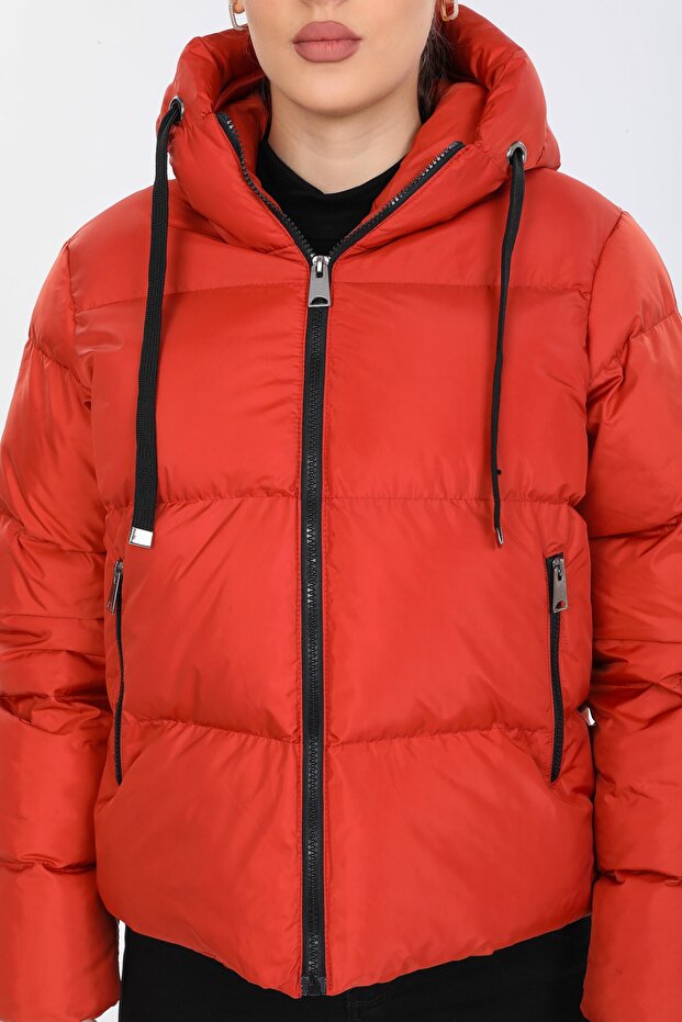 Kadın Kiremit Kapüşonlu Şişme Mont - 9