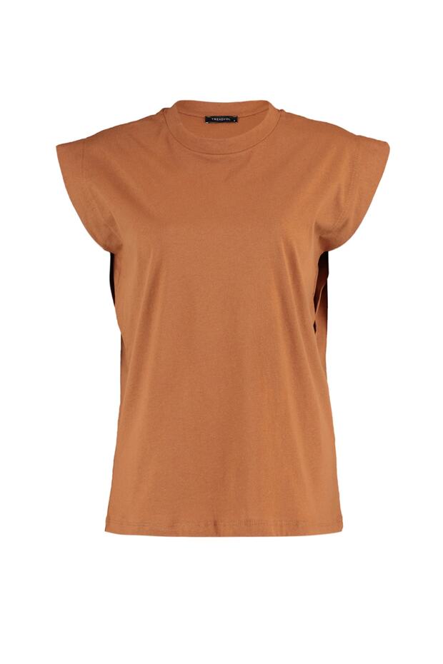 Tarçın %100 Pamuk Vatka Görünümlü Basic Bisiklet Yaka Örme T-Shirt TWOSS20TS0021 - 6