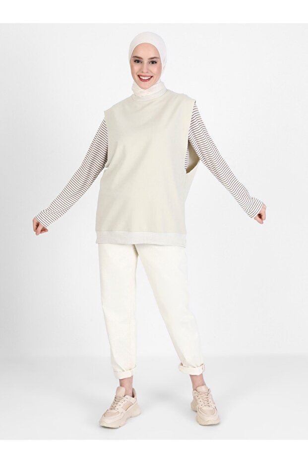 سويت شيرت بدون أكمام برقبة دائرية - بيج - أساسي - 2