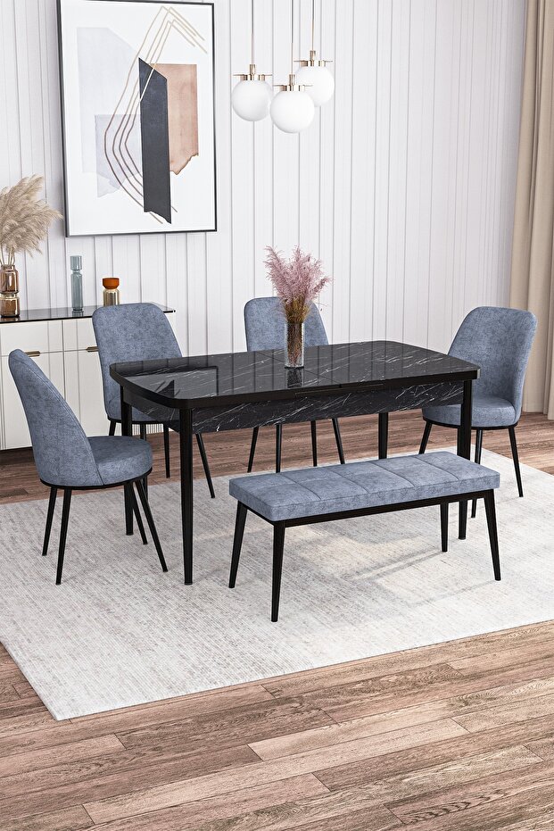 Leona Siyah Mermer Desen 80x132 Mdf Açılabilir Mutfak Masası Takımı 4 Sandalye, 1 Bench - 1