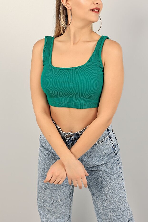 Women's Green Ribbed Sleeveless Crop