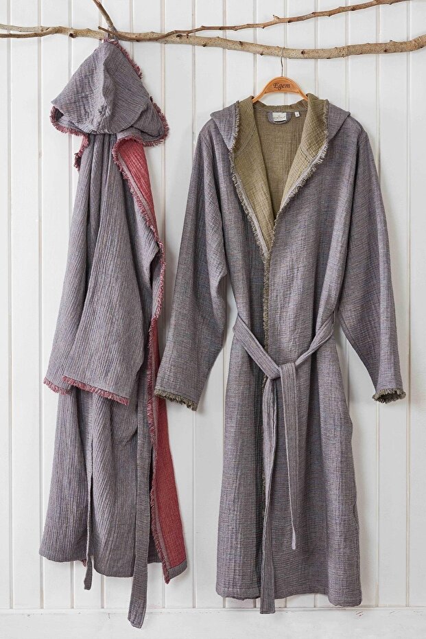 Muna Women's Bathrobe 100% Organic Cotton Inject Burgundy-Anthracite