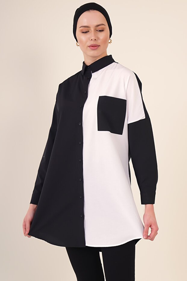 5860 Hijab-Hemd mit Blockmuster – Schwarz - 1