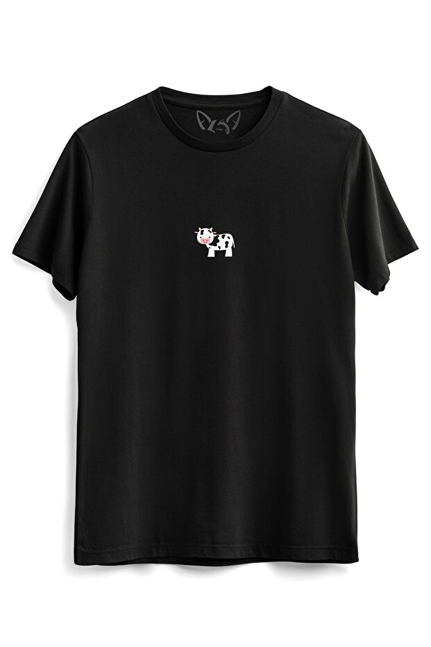 Unisex Animal Cow Picture Digital Printed Black T-shirt