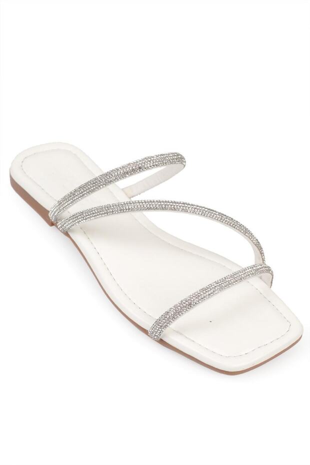 Capone köves 3 csíkos lapos sarkú steppelt fehér női papucs - 4