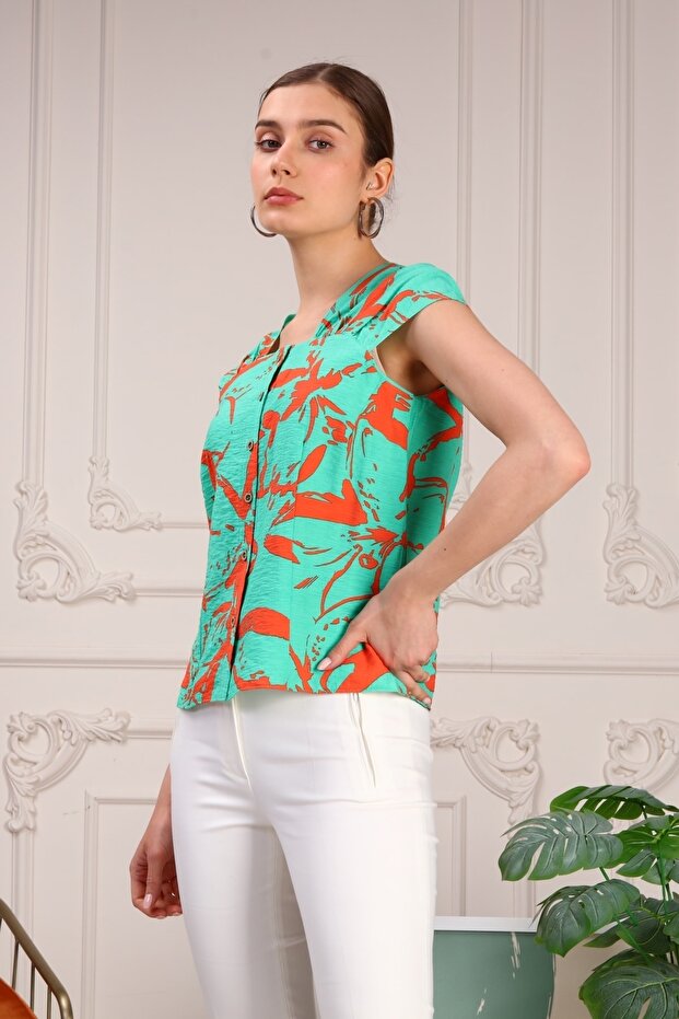 Düğmeli Emprime Bluz - 3