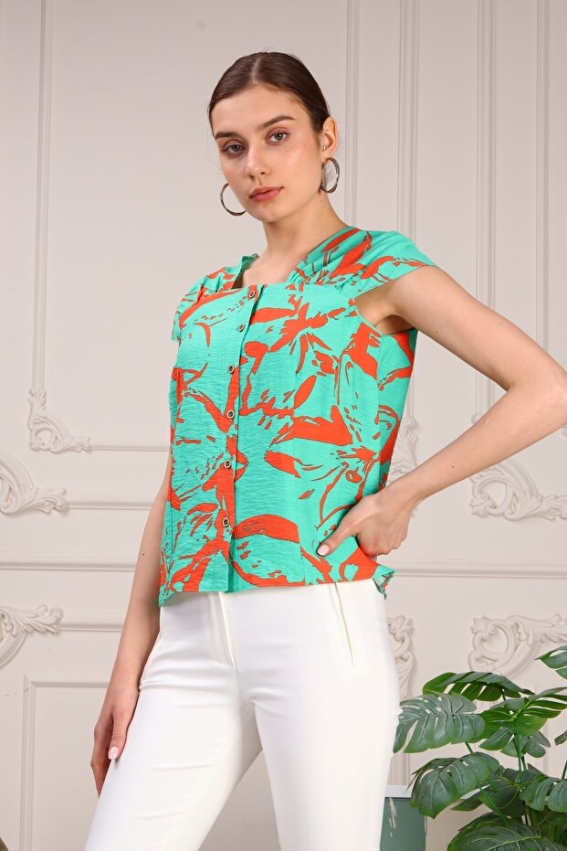 Düğmeli Emprime Bluz - 5
