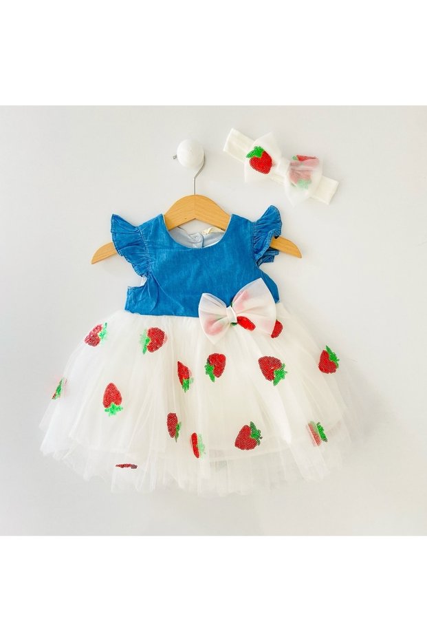 Baby Girl Denim Cotton Lined Strawberry Dress And Headband