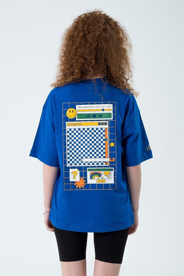 Eazy Saks Mavi Adventure Unisex Extra Oversize Baskılı Kısa Kollu T-shirt - 1