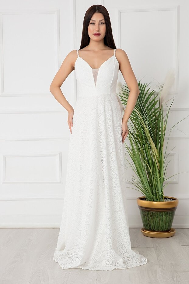 Dantel Ip Askılı Uzun Abiye Elbise 13337 - 1