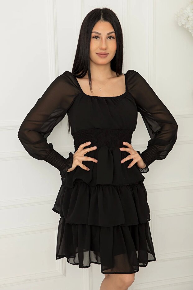 Kat Kat Volanlı Şifon Elbise - 4