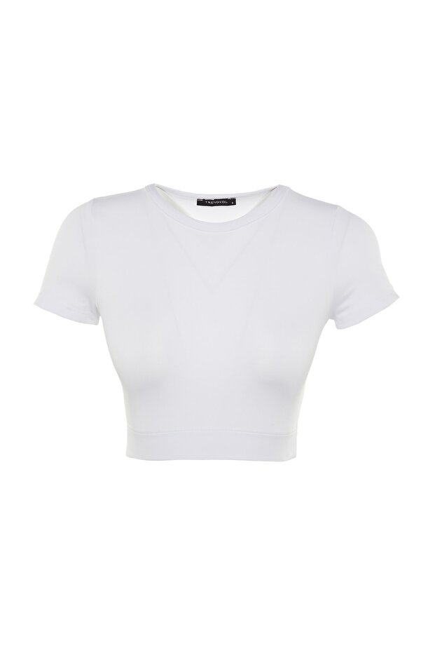 Beyaz Crop Hafif Destekli Yumuşak Dokulu Bisiklet Yaka Örme Spor Üst/Bluz TWOAW21BZ0158 - 7