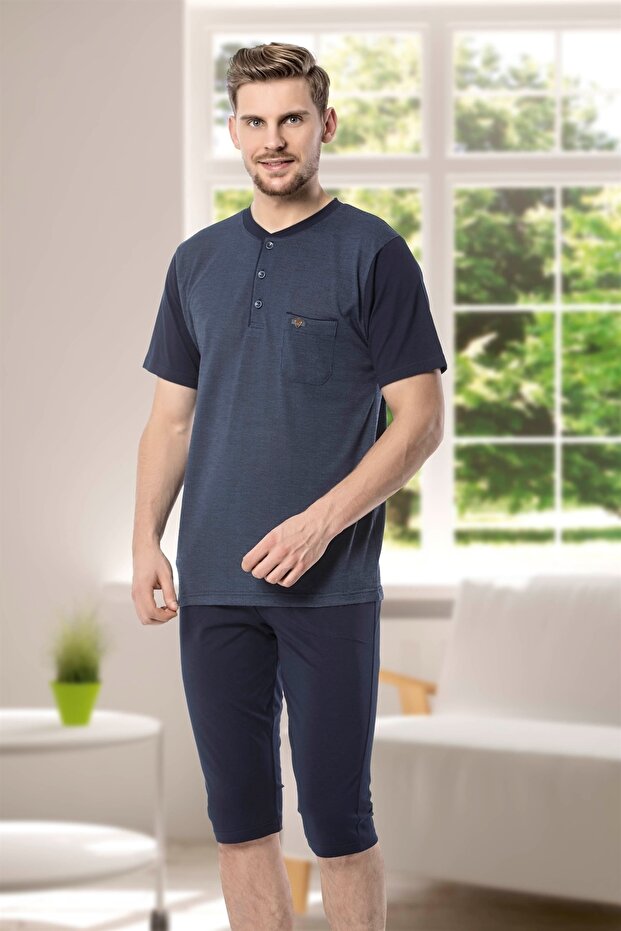 طقم بيجامة قطن ليكرا منقوش بأزرار - 1