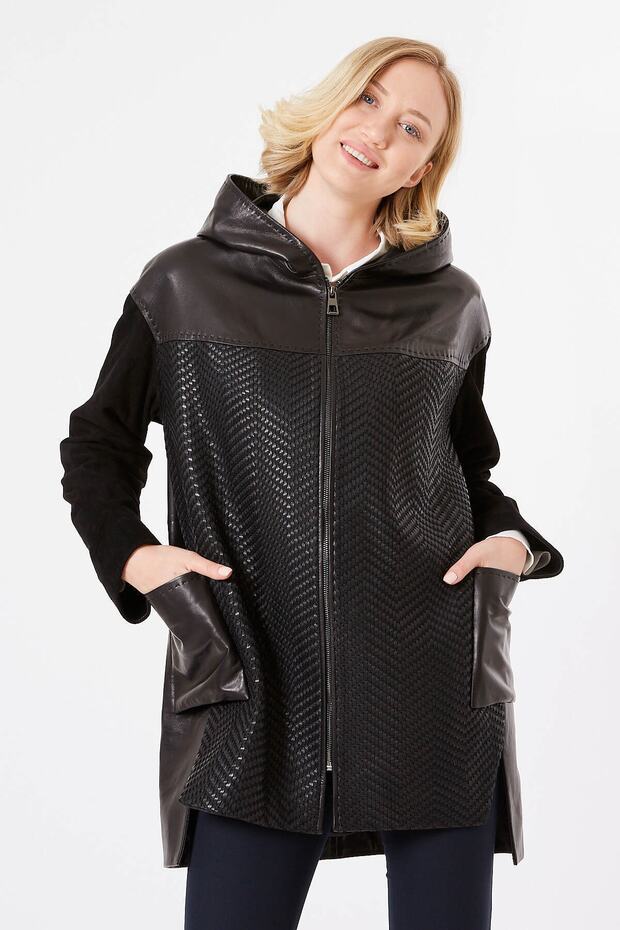Leather - Knitted Detailed Hooded Genuine Leather Coat