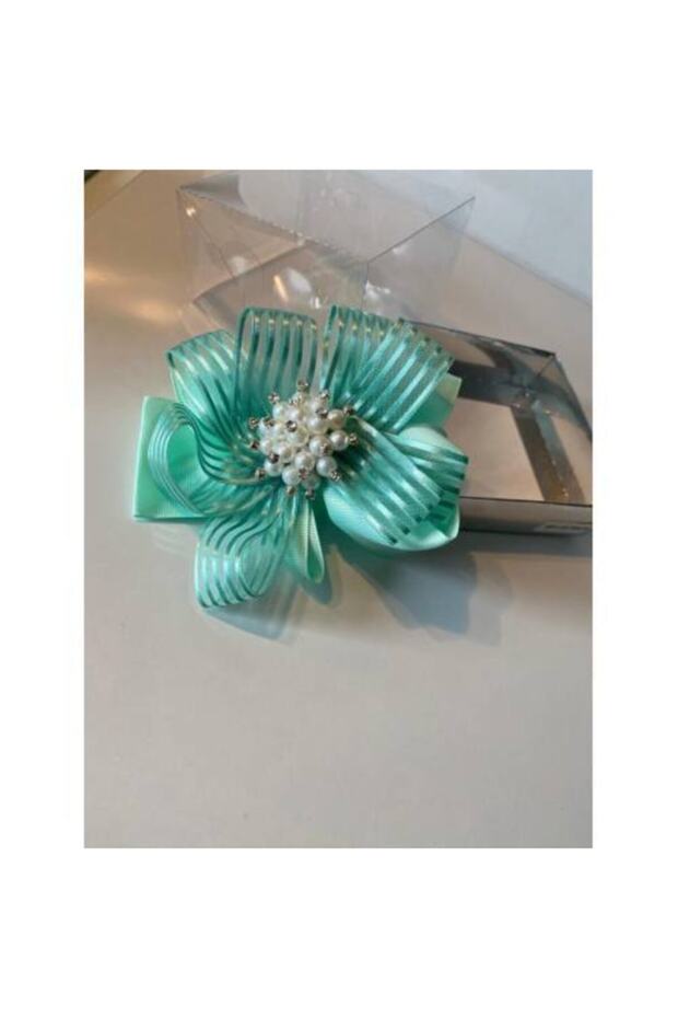 Water Green Stripe Ribbon with Pearl Stones Mother Girl Baby Gift Clip Buckle
