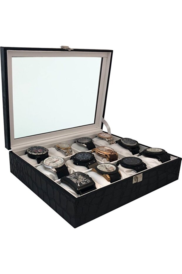 Watch Box 12-Piece Patent Leather Black Interior White