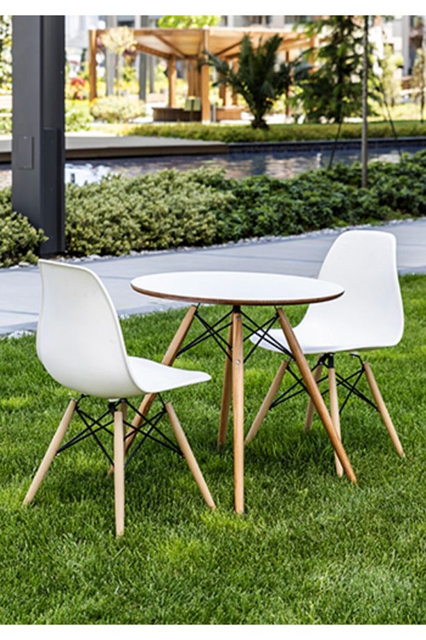 Yuvarlak Eames Ahşap Ayaklı Ahşap Masa 2 Adet Beyaz Eames Sandalye Seti Bahçe-Balkon-Mutfak Takımı - 2