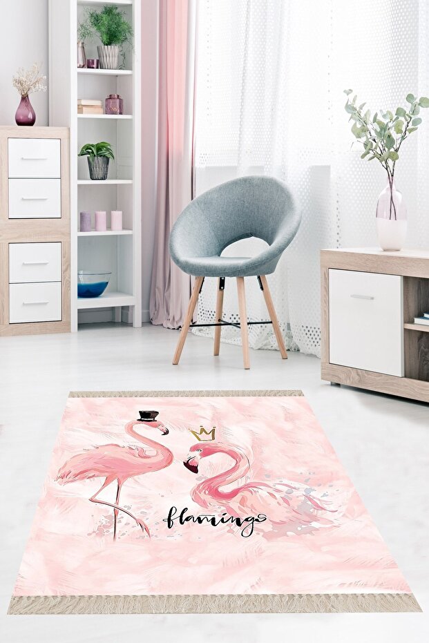 Pembe Flamingo Dijital Baskı Yıkanabilir Kaymaz Taban Modern Salon Halısı - 1