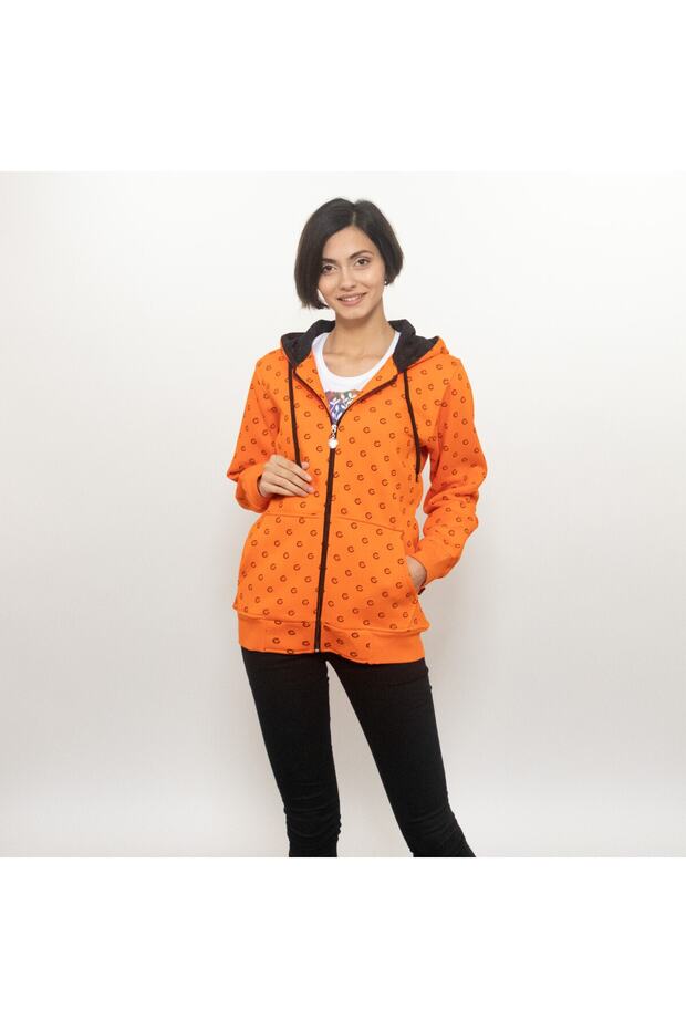 Women's Orange Oversize Zippered Hoodie Sweatshirt