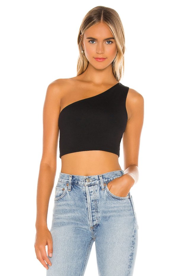 Women's Black Single Shoulder Silk Jersey Crop Top