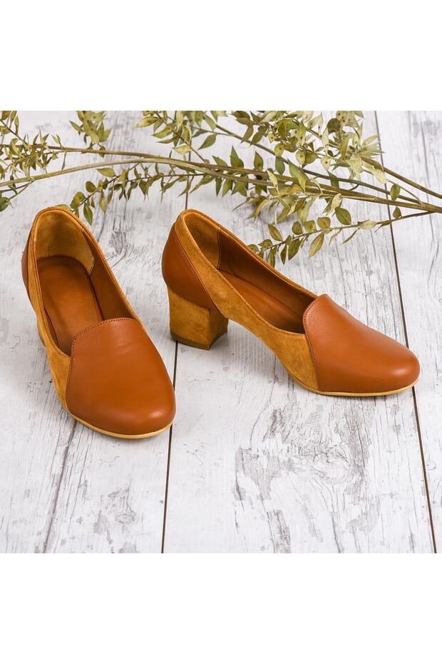 Women's Tan Genuine Leather Classic Heeled Shoes