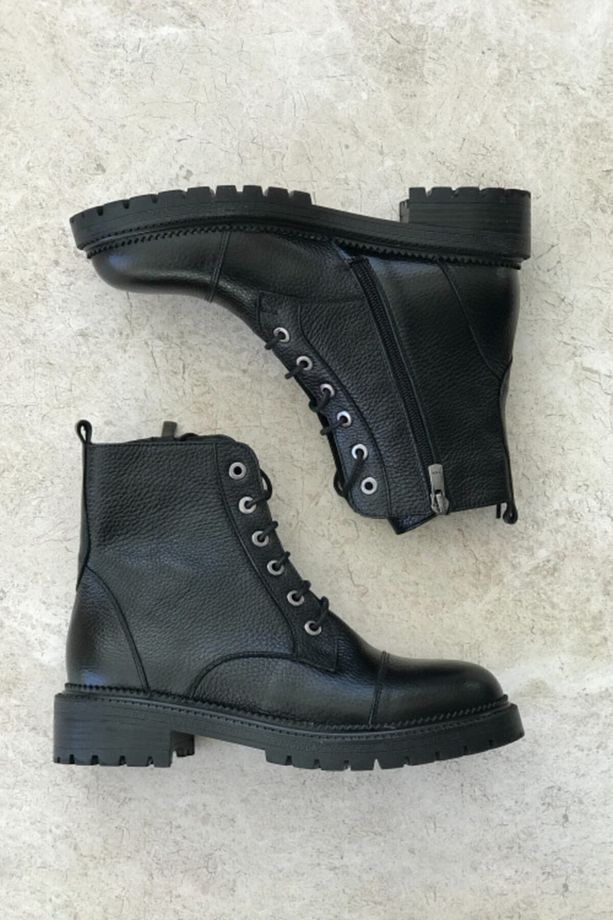 Kadın Siyah Hakiki Deri Bağcıklı Bot & Bootie - 4
