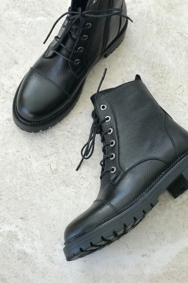 Kadın Siyah Hakiki Deri Bağcıklı Bot & Bootie - 5