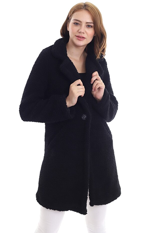 Women's Black Pocket Lined Plush Boucle Coat