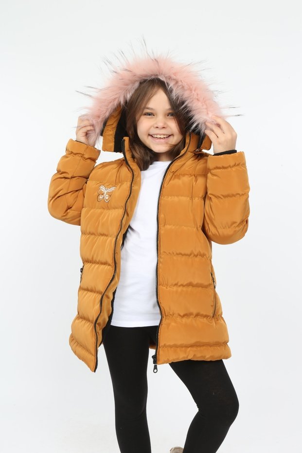 Girl's Yellow Colored Removable Hooded Puffer Coat