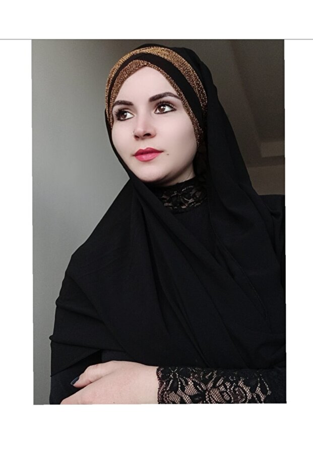 شال نسائي جاهز بثلاثة خطوط Titi لامع أسود-نحاسي