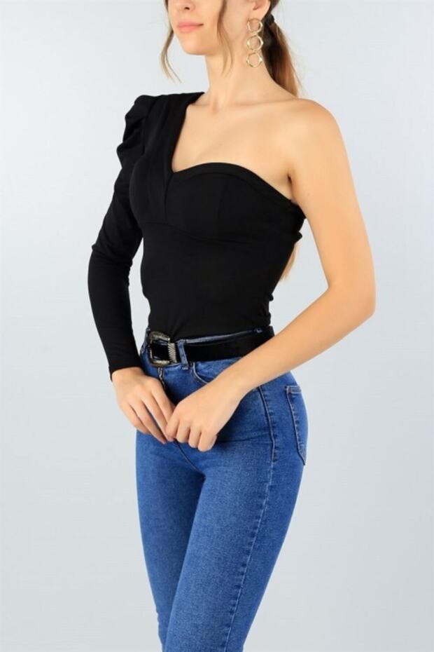 Women's Black Padded One-Shoulder Detailed Chest-Length Blouse