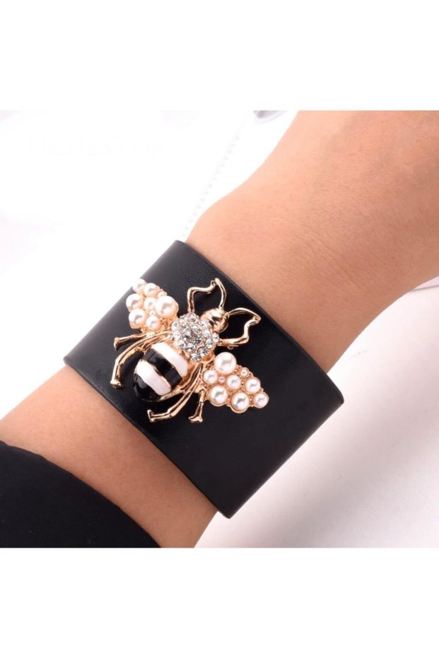 Fashion Trend Luxury Pearl Jewelled Bee Fly Adjustable Leather Handcuffs Bracelet