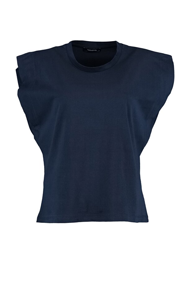 Lacivert %100 Pamuk Vatka Görünümlü Basic Bisiklet Yaka Örme T-Shirt TWOSS20TS0021 - 7