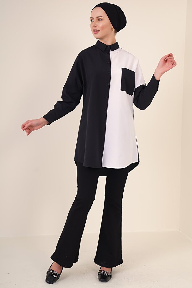 5860 Hijab-Hemd mit Blockmuster – Schwarz - 2