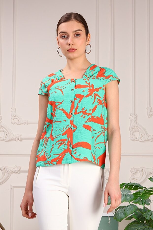 Düğmeli Emprime Bluz - 1