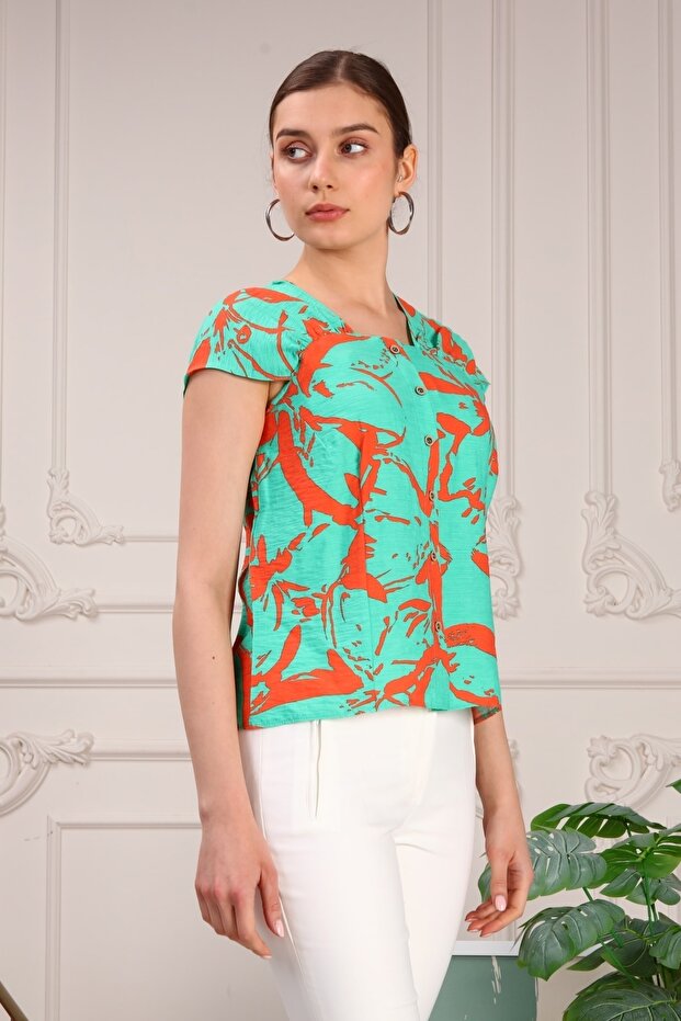 Düğmeli Emprime Bluz - 6