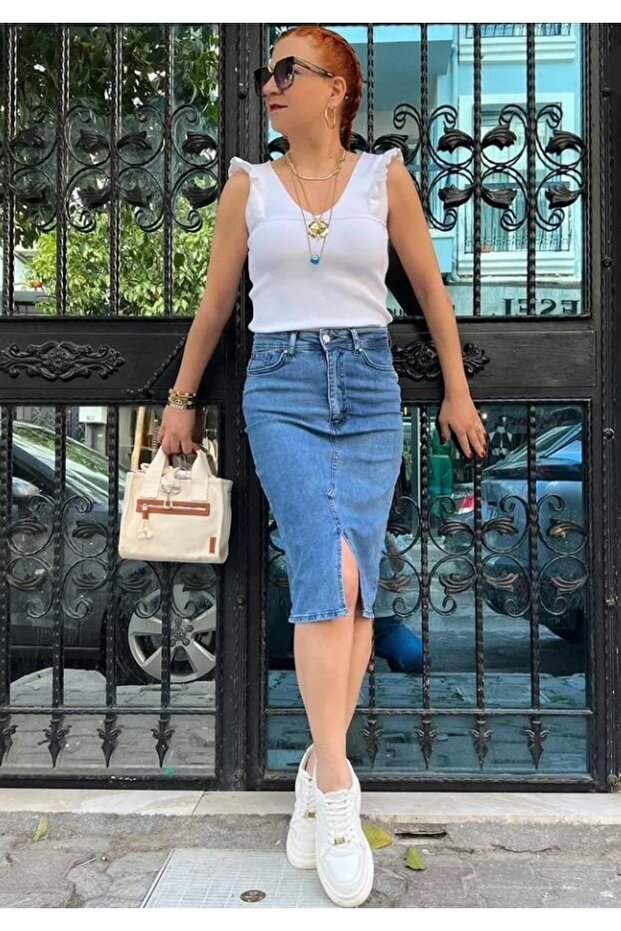 Yırtmaçlı Kot Etek - 1